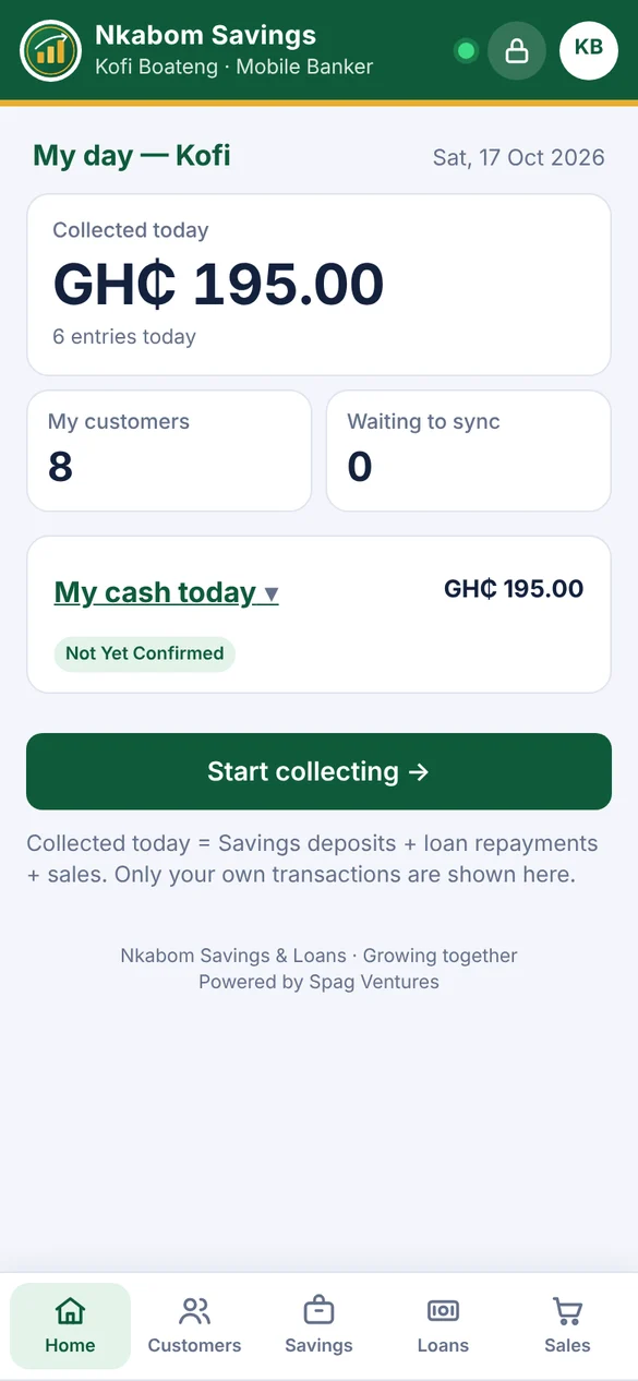 Mobile banker's Home screen
